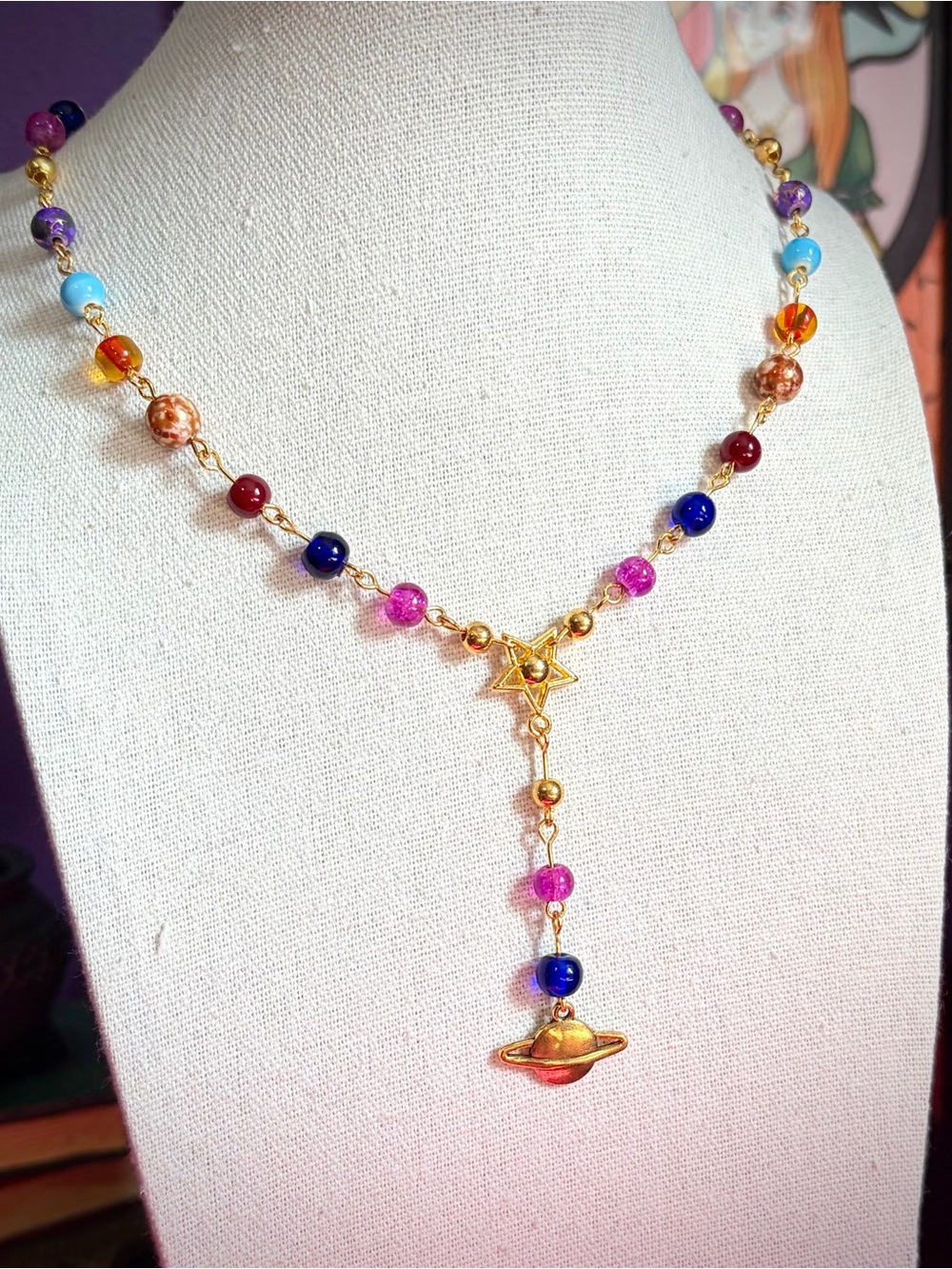 Celestial Chakra Color Beaded Planet Pendant Necklace